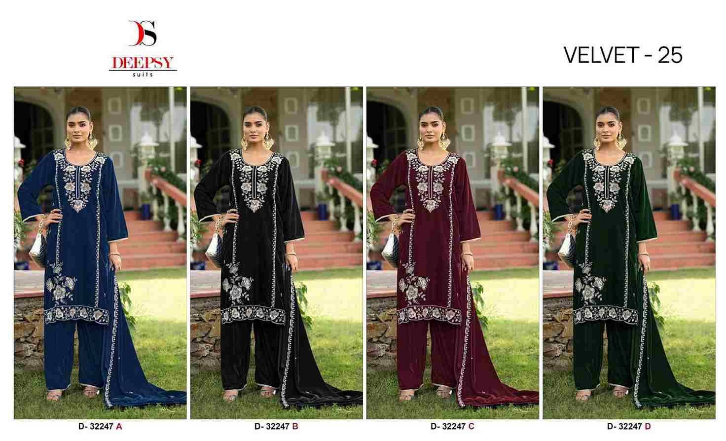 Velvet 32247 Colours By Deepsy Suits 32247-A To 32247-D Series Beautiful Stylish Pakistani Suits Fancy Colorful Casual Wear & Ethnic Wear & Ready To Wear Heavy Velvet Embroidery Dresses At Wholesale Price