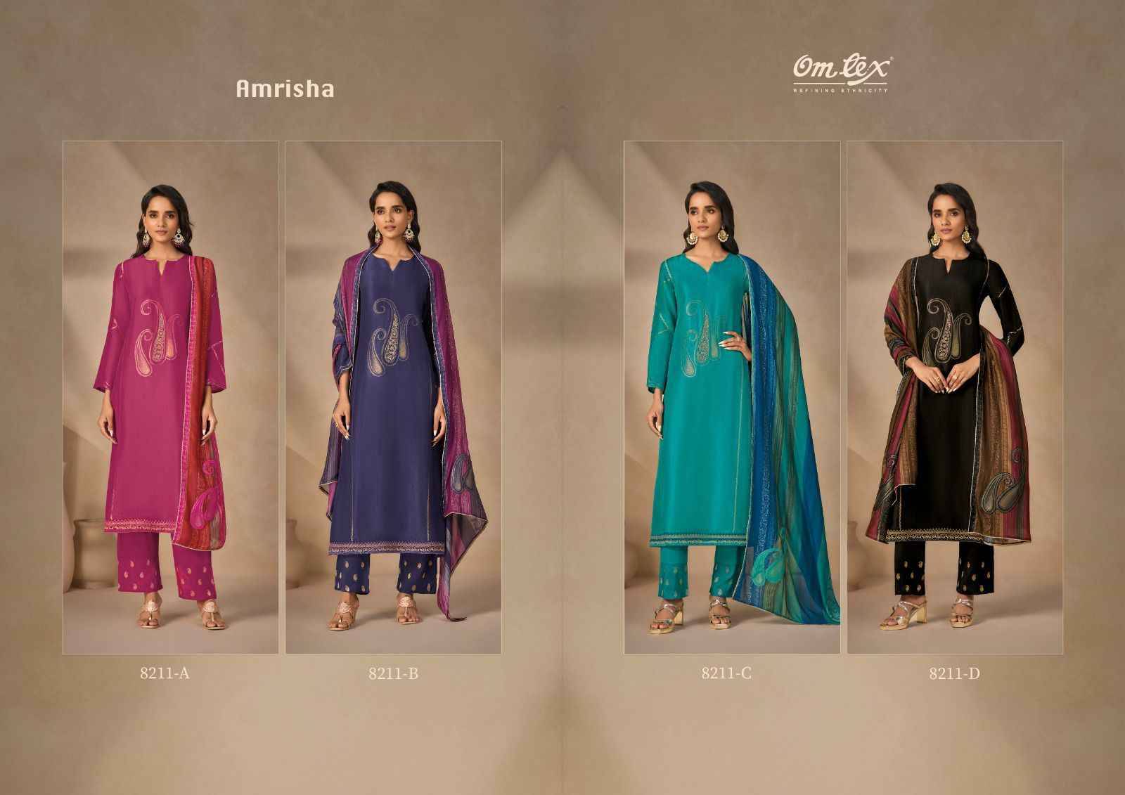 Amrisha By Om Tex 8211-A To 8211-D Series Beautiful Festive Suits Colorful Stylish Fancy Casual Wear & Ethnic Wear Pure Silk Jacquard Dresses At Wholesale Price