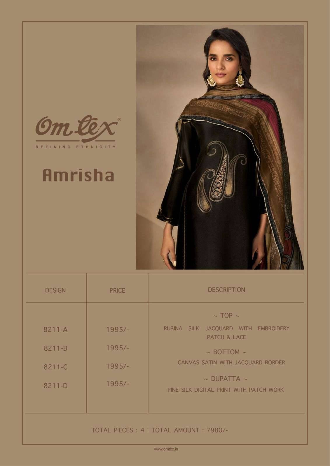 Amrisha By Om Tex 8211-A To 8211-D Series Beautiful Festive Suits Colorful Stylish Fancy Casual Wear & Ethnic Wear Pure Silk Jacquard Dresses At Wholesale Price