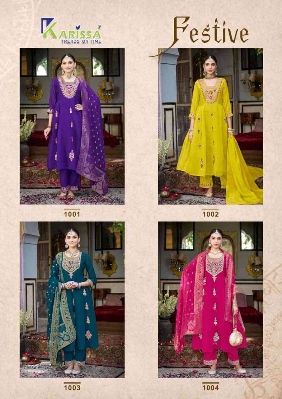 Festive By Karissa 1001 To 1004 Series Designer Festive Suits Collection Beautiful Stylish Fancy Colorful Party Wear & Occasional Wear Viscose Chanderi Dresses At Wholesale Price