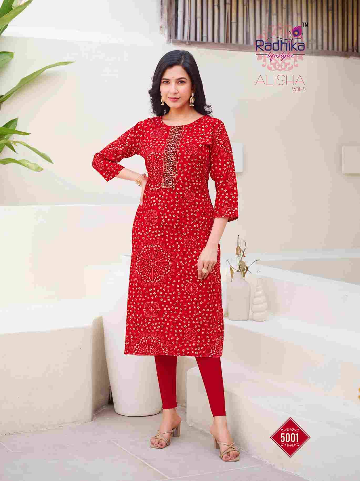 Alisha Vol-5 By Radhika Lifestyle 5001 To 5010 Series Designer Stylish Fancy Colorful Beautiful Party Wear & Ethnic Wear Collection Pure Rayon Print Kurtis At Wholesale Price