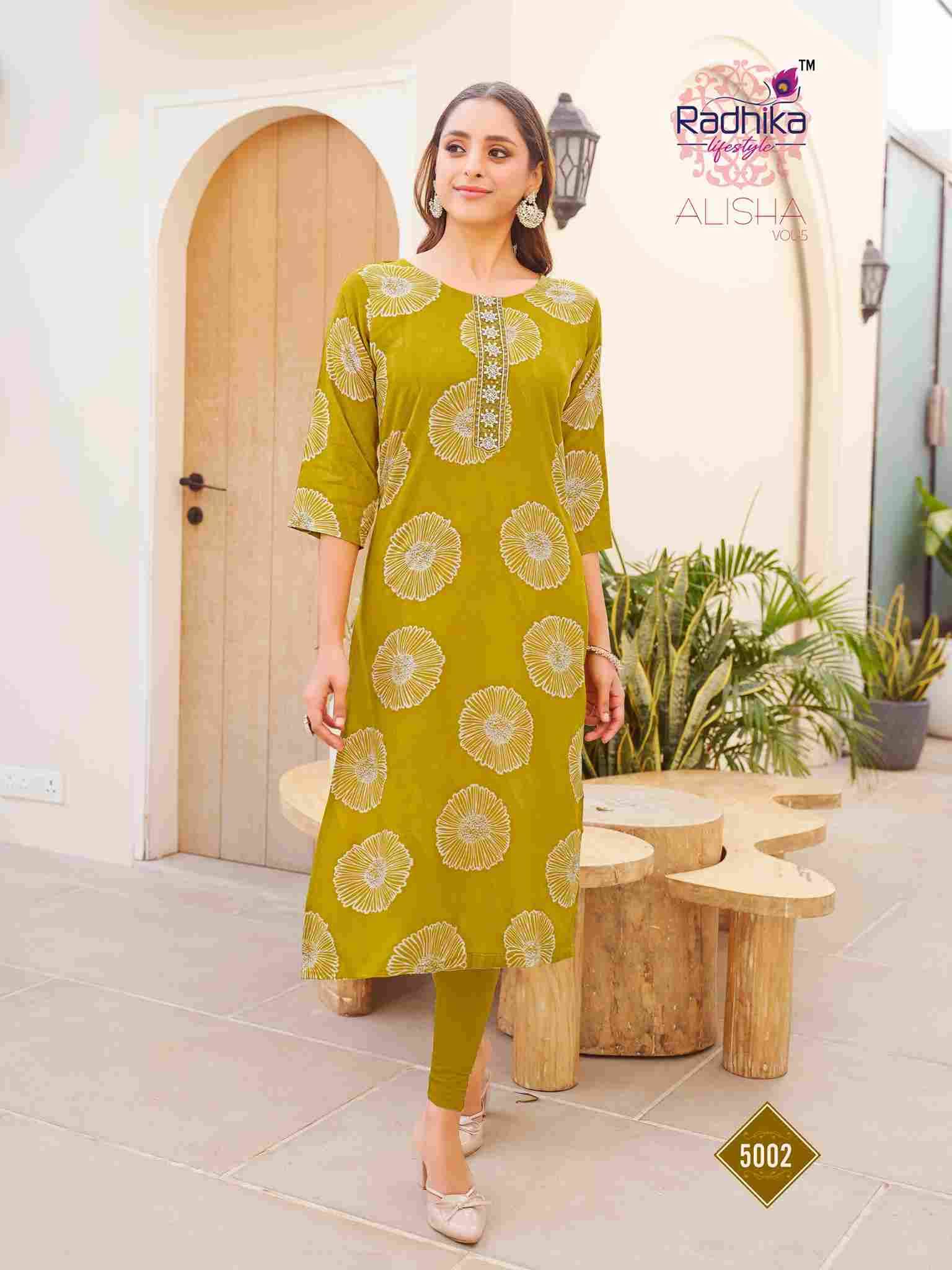 Alisha Vol-5 By Radhika Lifestyle 5001 To 5010 Series Designer Stylish Fancy Colorful Beautiful Party Wear & Ethnic Wear Collection Pure Rayon Print Kurtis At Wholesale Price