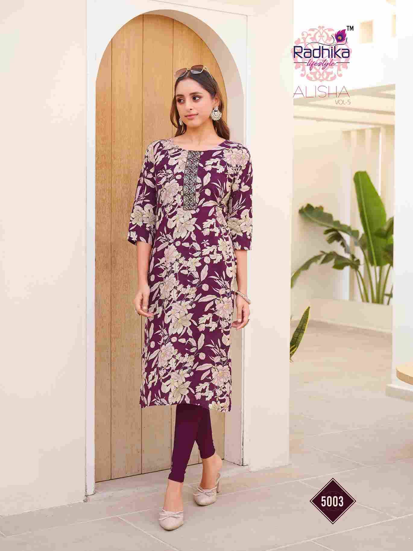 Alisha Vol-5 By Radhika Lifestyle 5001 To 5010 Series Designer Stylish Fancy Colorful Beautiful Party Wear & Ethnic Wear Collection Pure Rayon Print Kurtis At Wholesale Price