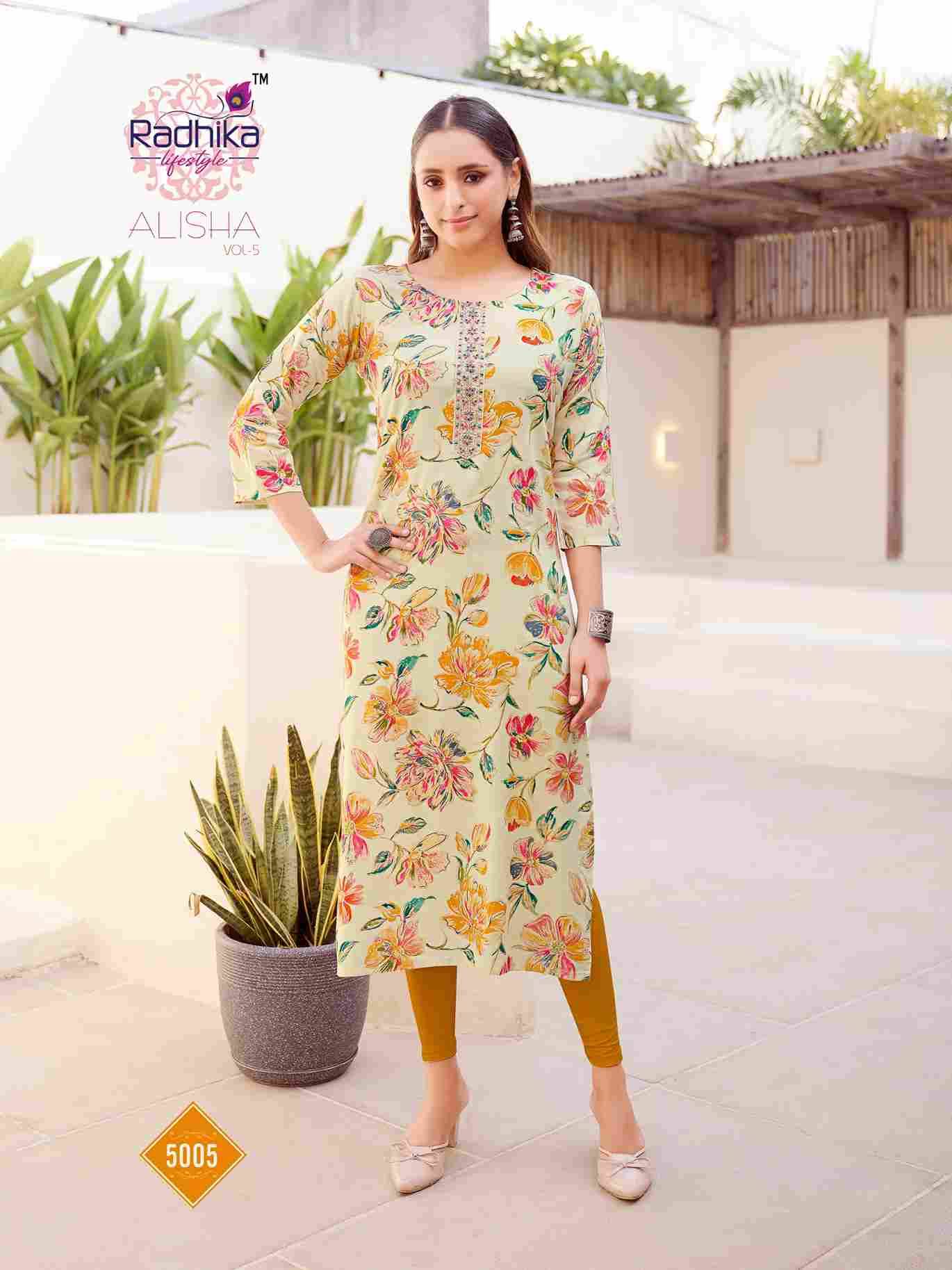 Alisha Vol-5 By Radhika Lifestyle 5001 To 5010 Series Designer Stylish Fancy Colorful Beautiful Party Wear & Ethnic Wear Collection Pure Rayon Print Kurtis At Wholesale Price