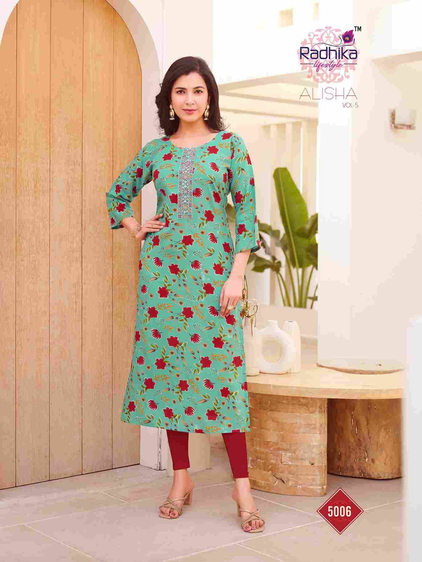 Alisha Vol-5 By Radhika Lifestyle 5001 To 5010 Series Designer Stylish Fancy Colorful Beautiful Party Wear & Ethnic Wear Collection Pure Rayon Print Kurtis At Wholesale Price