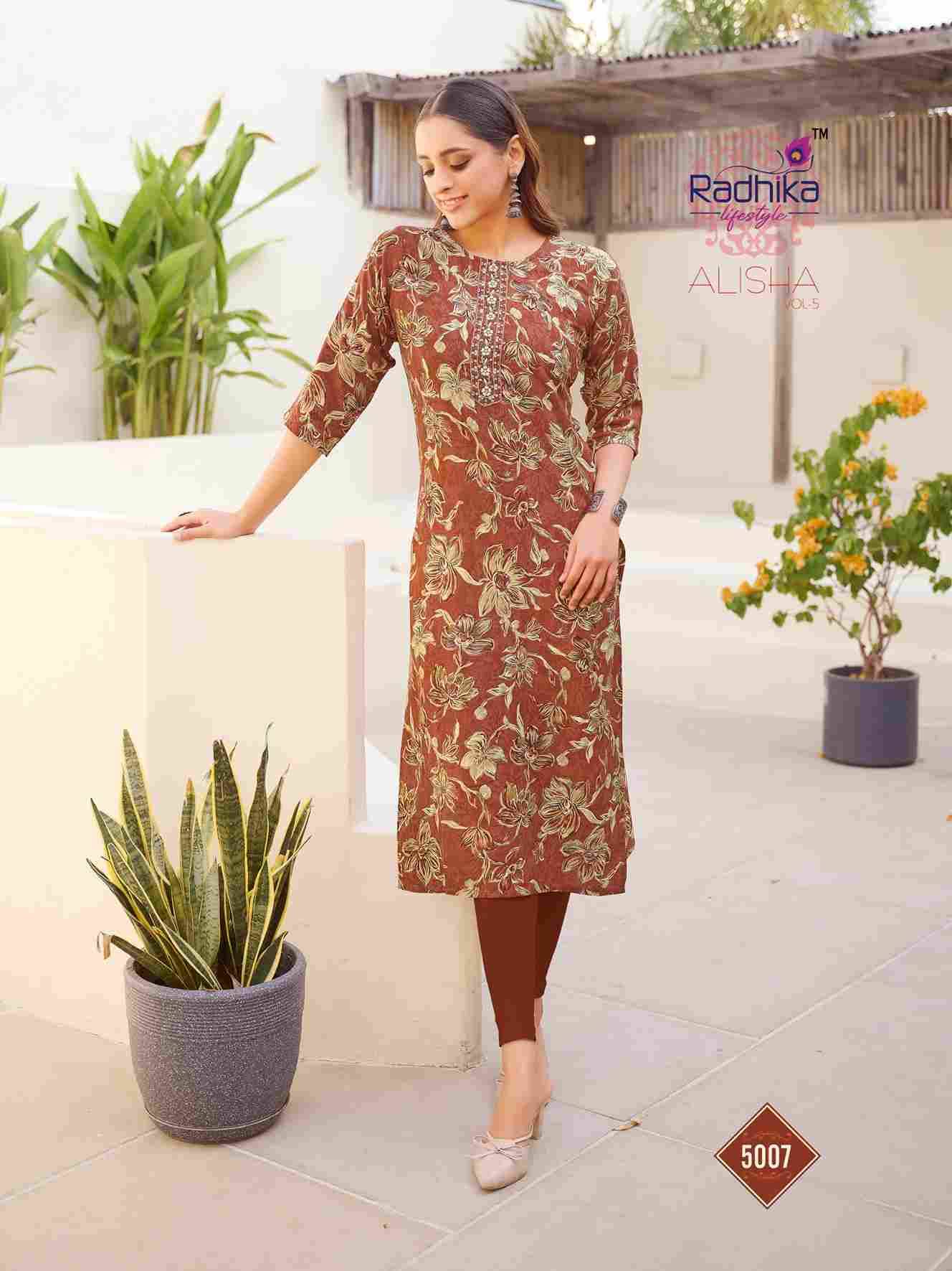 Alisha Vol-5 By Radhika Lifestyle 5001 To 5010 Series Designer Stylish Fancy Colorful Beautiful Party Wear & Ethnic Wear Collection Pure Rayon Print Kurtis At Wholesale Price