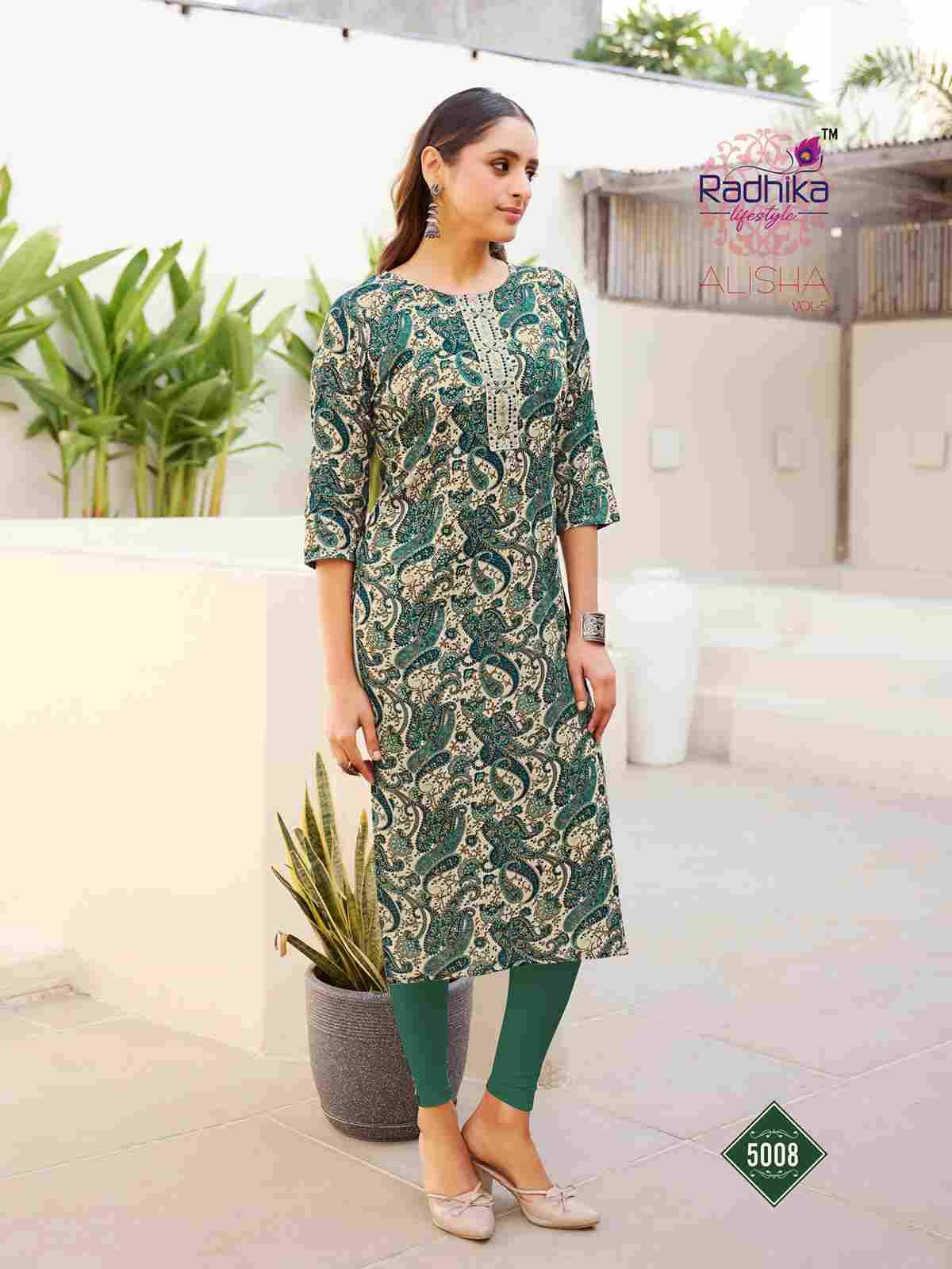 Alisha Vol-5 By Radhika Lifestyle 5001 To 5010 Series Designer Stylish Fancy Colorful Beautiful Party Wear & Ethnic Wear Collection Pure Rayon Print Kurtis At Wholesale Price