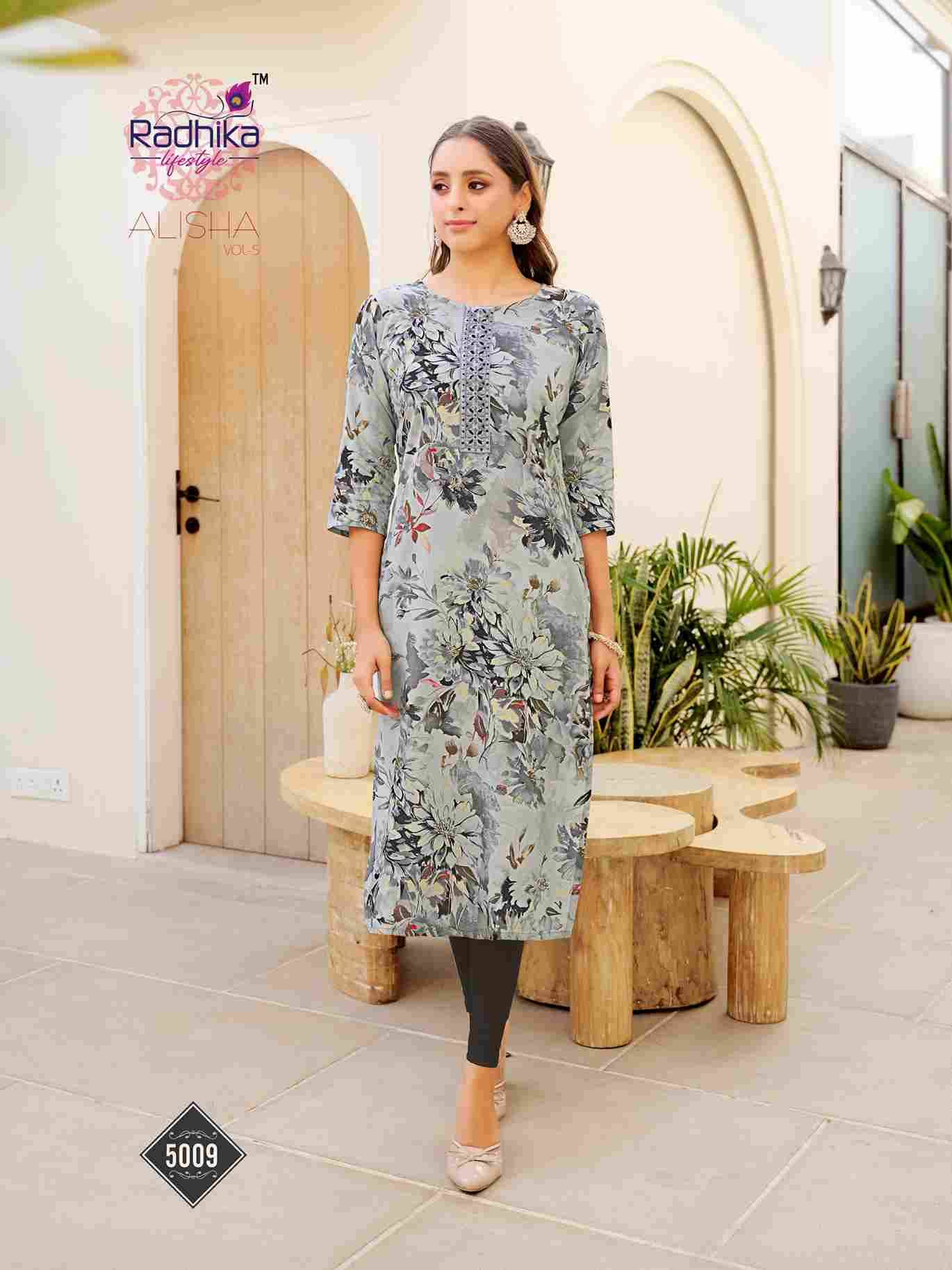 Alisha Vol-5 By Radhika Lifestyle 5001 To 5010 Series Designer Stylish Fancy Colorful Beautiful Party Wear & Ethnic Wear Collection Pure Rayon Print Kurtis At Wholesale Price