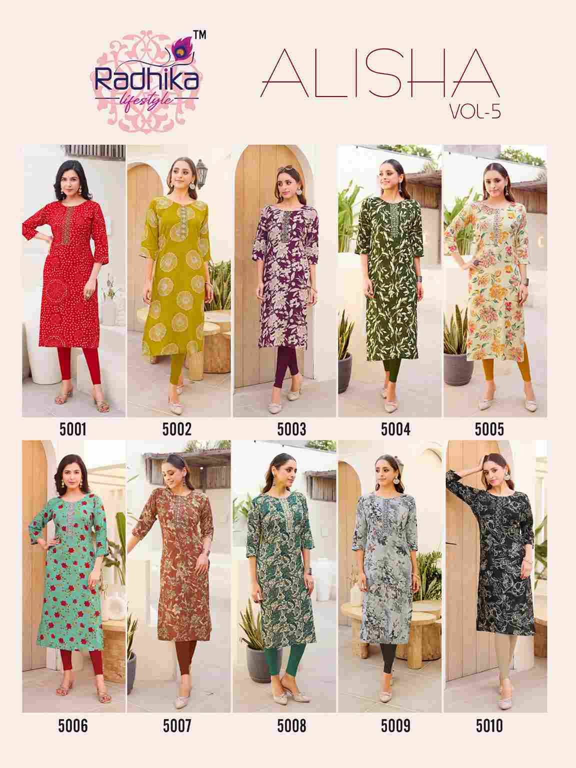 Alisha Vol-5 By Radhika Lifestyle 5001 To 5010 Series Designer Stylish Fancy Colorful Beautiful Party Wear & Ethnic Wear Collection Pure Rayon Print Kurtis At Wholesale Price