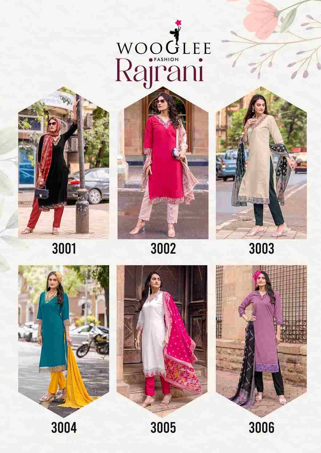 Rajrani By Wooglee 3001 To 3006 Series Designer Festive Suits Collection Beautiful Stylish Fancy Colorful Party Wear & Occasional Wear Viscose Weaving Dresses At Wholesale Price