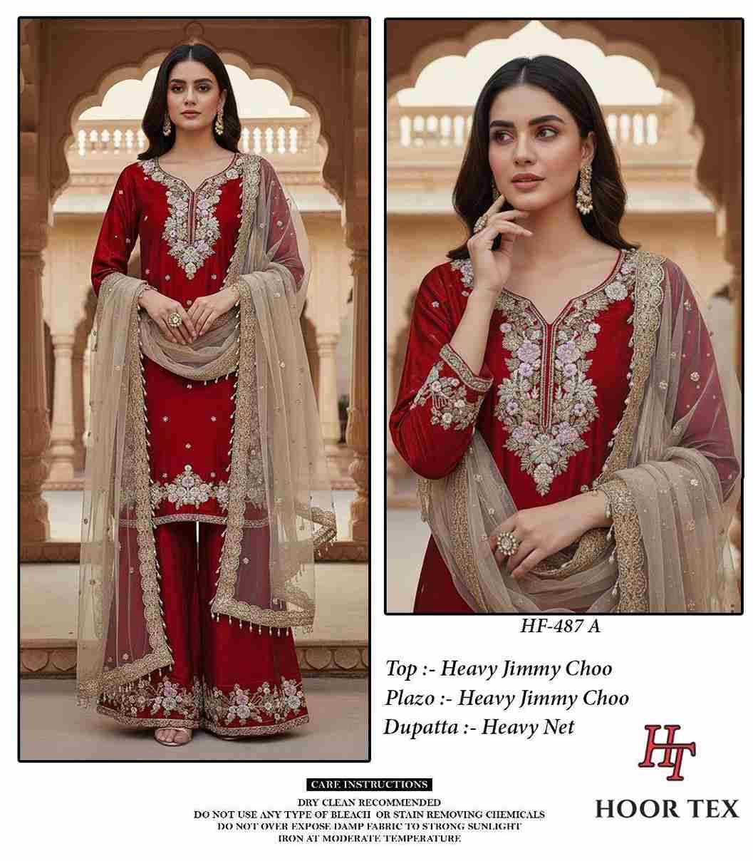 Hoor Tex Hit Design HF-487 Colours By Hoor Tex HF-487-A To HF-487-H Series Designer Festive Pakistani Suits Collection Beautiful Stylish Fancy Colorful Party Wear & Occasional Wear Heavy Jimmy Choo With Embroidered Dresses At Wholesale Price