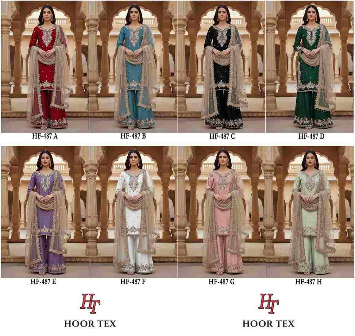 Hoor Tex Hit Design HF-487 Colours By Hoor Tex HF-487-A To HF-487-H Series Designer Festive Pakistani Suits Collection Beautiful Stylish Fancy Colorful Party Wear & Occasional Wear Heavy Jimmy Choo With Embroidered Dresses At Wholesale Price