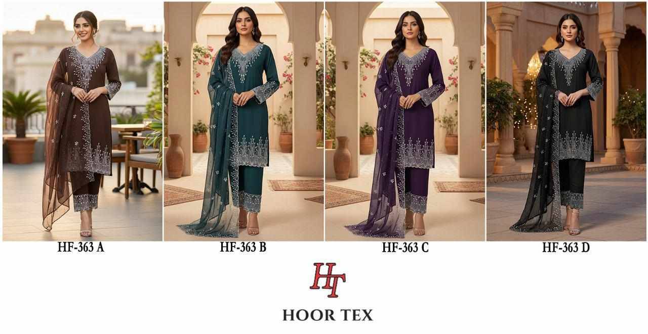 Hoor Tex Hit Design HF-363 Colours By Hoor Tex HF-363-A To HF-363-D Series Designer Festive Pakistani Suits Collection Beautiful Stylish Fancy Colorful Party Wear & Occasional Wear Heavy Georgette With Embroidered Dresses At Wholesale Price