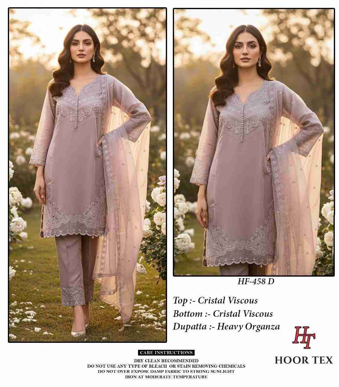 Hoor Tex Hit Design HF-458 Colours By Hoor Tex HF-458-A To HF-458-D Series Designer Festive Pakistani Suits Collection Beautiful Stylish Fancy Colorful Party Wear & Occasional Wear Heavy Viscose With Embroidered Dresses At Wholesale Price