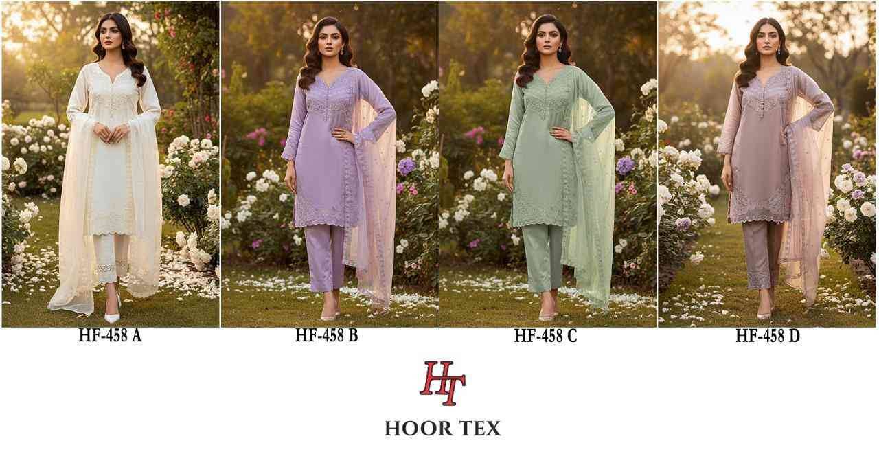 Hoor Tex Hit Design HF-458 Colours By Hoor Tex HF-458-A To HF-458-D Series Designer Festive Pakistani Suits Collection Beautiful Stylish Fancy Colorful Party Wear & Occasional Wear Heavy Viscose With Embroidered Dresses At Wholesale Price