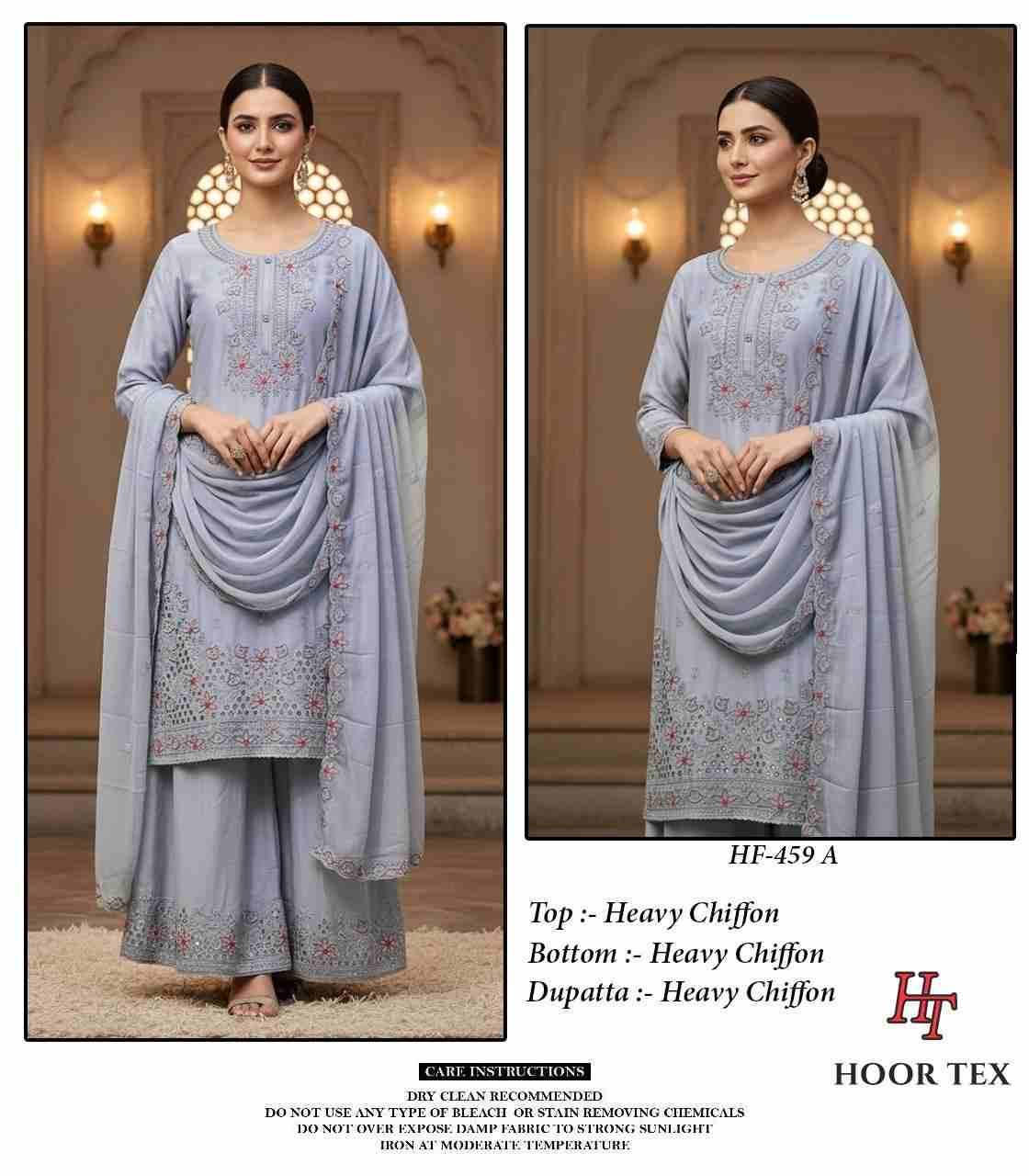 Hoor Tex Hit Design HF-459 Colours By Hoor Tex HF-459-A To HF-459-D Series Designer Festive Pakistani Suits Collection Beautiful Stylish Fancy Colorful Party Wear & Occasional Wear Heavy Chiffon With Embroidered Dresses At Wholesale Price