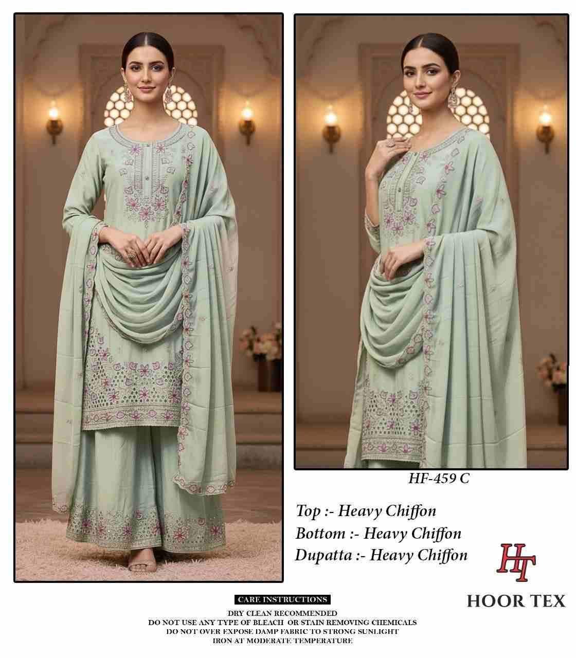 Hoor Tex Hit Design HF-459 Colours By Hoor Tex HF-459-A To HF-459-D Series Designer Festive Pakistani Suits Collection Beautiful Stylish Fancy Colorful Party Wear & Occasional Wear Heavy Chiffon With Embroidered Dresses At Wholesale Price