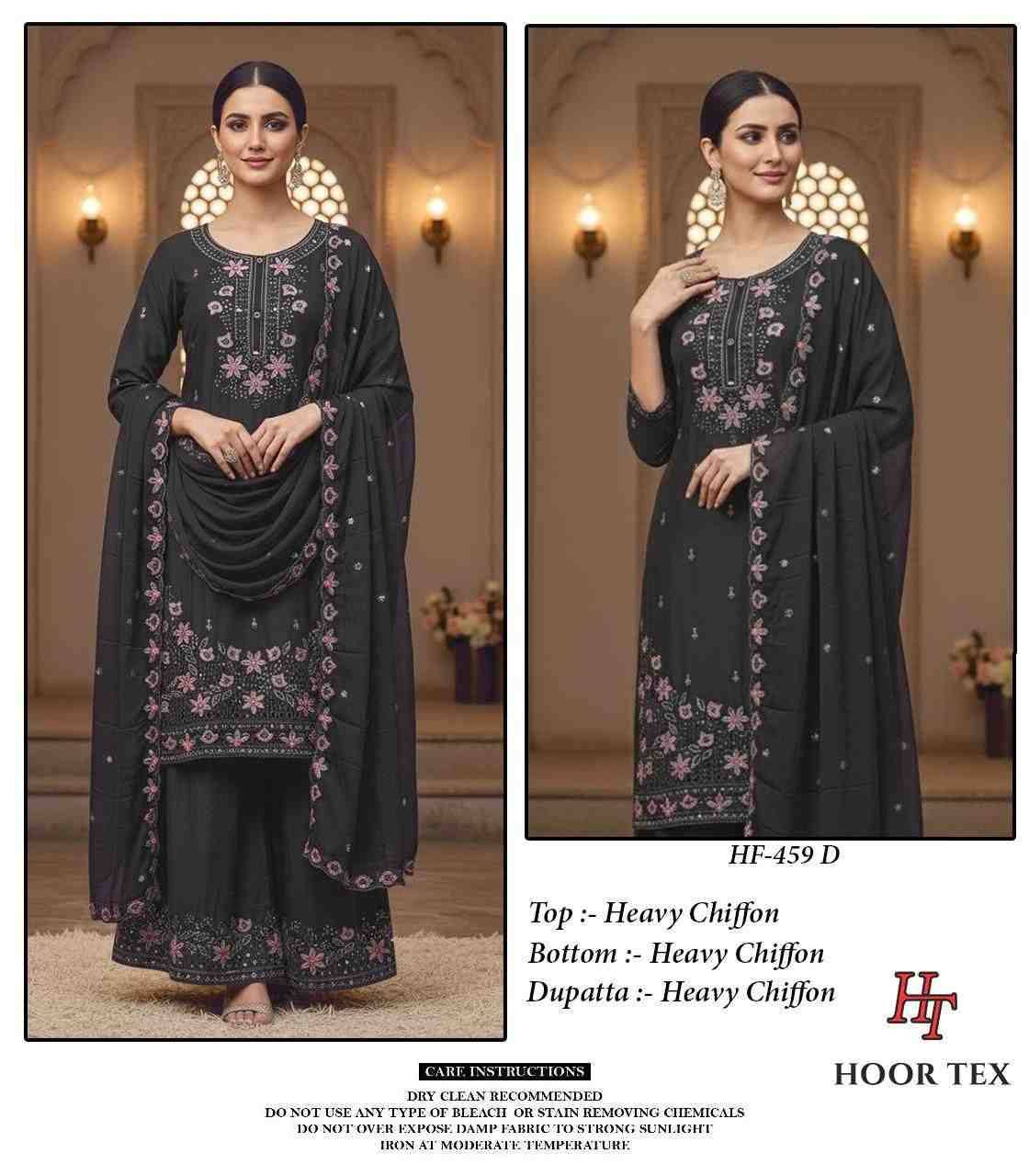 Hoor Tex Hit Design HF-459 Colours By Hoor Tex HF-459-A To HF-459-D Series Designer Festive Pakistani Suits Collection Beautiful Stylish Fancy Colorful Party Wear & Occasional Wear Heavy Chiffon With Embroidered Dresses At Wholesale Price