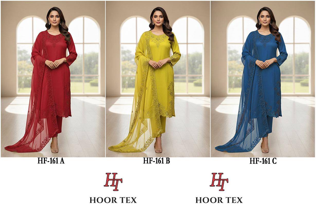 Hoor Tex Hit Design HF-161 Colours By Hoor Tex HF-161-A To HF-161-C Series Designer Festive Pakistani Suits Collection Beautiful Stylish Fancy Colorful Party Wear & Occasional Wear Heavy Viscose Embroidered Dresses At Wholesale Price