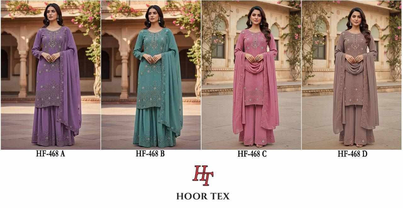 Hoor Tex Hit Design HF-468 Colours By Hoor Tex HF-468-A To HF-468-D Series Designer Festive Pakistani Suits Collection Beautiful Stylish Fancy Colorful Party Wear & Occasional Wear Heavy Georgette With Embroidered Dresses At Wholesale Price