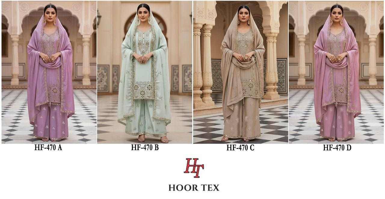 Hoor Tex Hit Design HF-470 Colours By Hoor Tex HF-470-A To HF-470-D Series Designer Festive Pakistani Suits Collection Beautiful Stylish Fancy Colorful Party Wear & Occasional Wear Heavy Chinnon With Embroidered Dresses At Wholesale Price