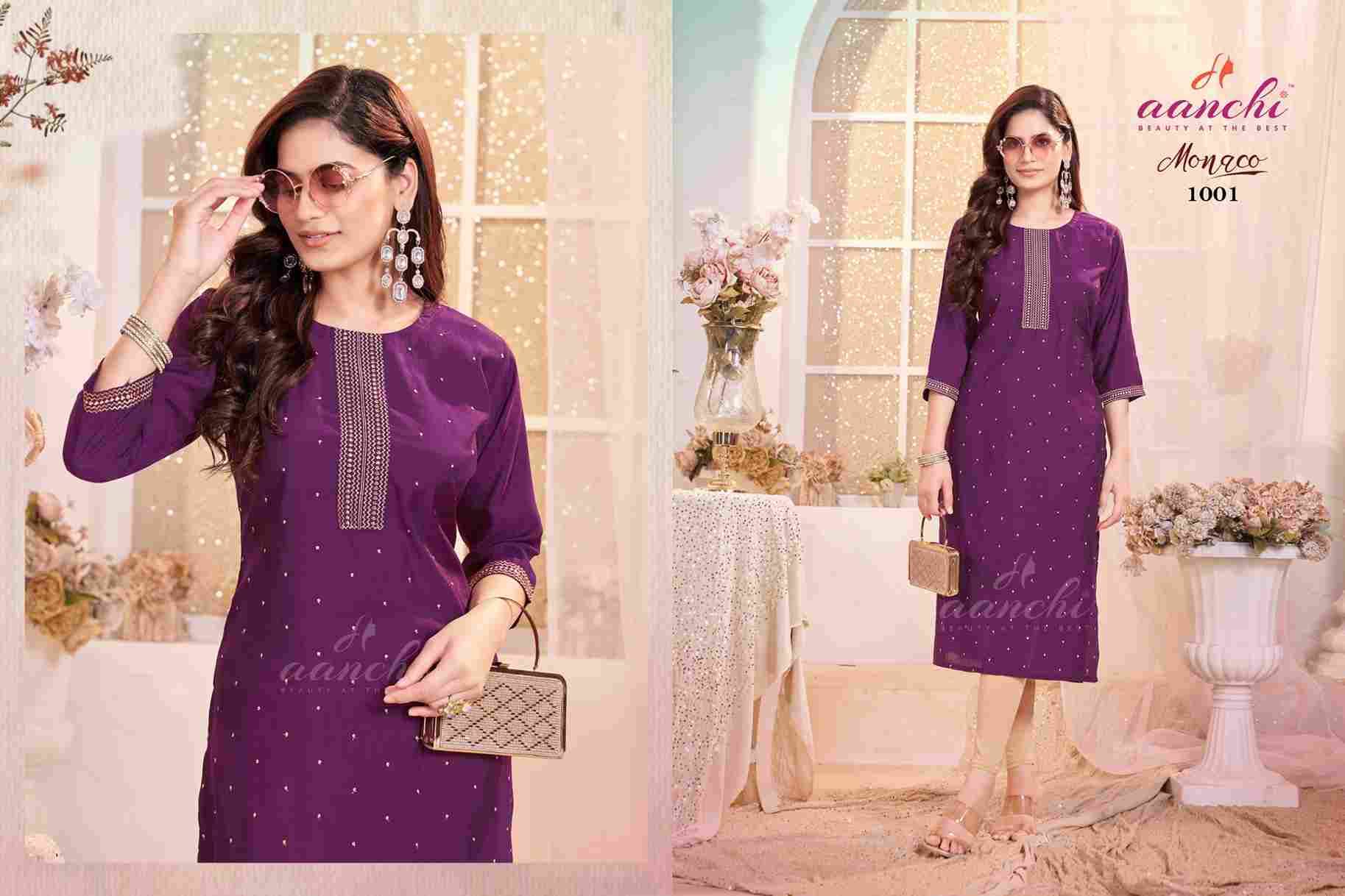 Monaco By Aanchi 1001 To 1005 Series Designer Stylish Fancy Colorful Beautiful Party Wear & Ethnic Wear Collection Roman Silk Kurtis At Wholesale Price