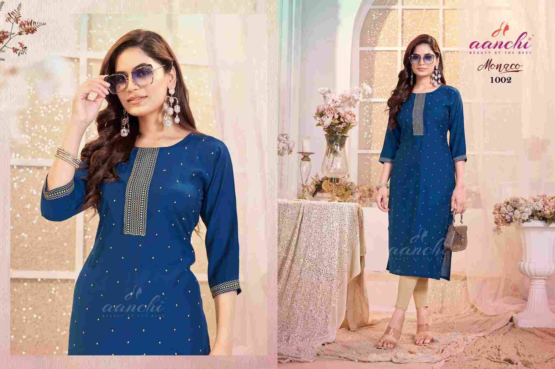 Monaco By Aanchi 1001 To 1005 Series Designer Stylish Fancy Colorful Beautiful Party Wear & Ethnic Wear Collection Roman Silk Kurtis At Wholesale Price