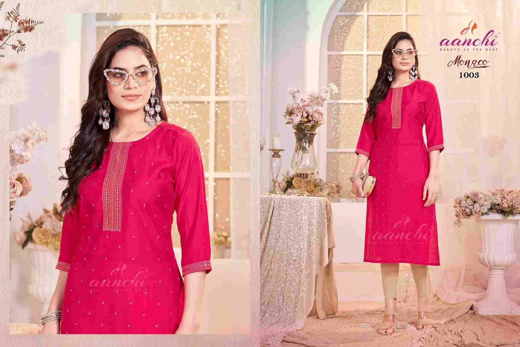 Monaco By Aanchi 1001 To 1005 Series Designer Stylish Fancy Colorful Beautiful Party Wear & Ethnic Wear Collection Roman Silk Kurtis At Wholesale Price
