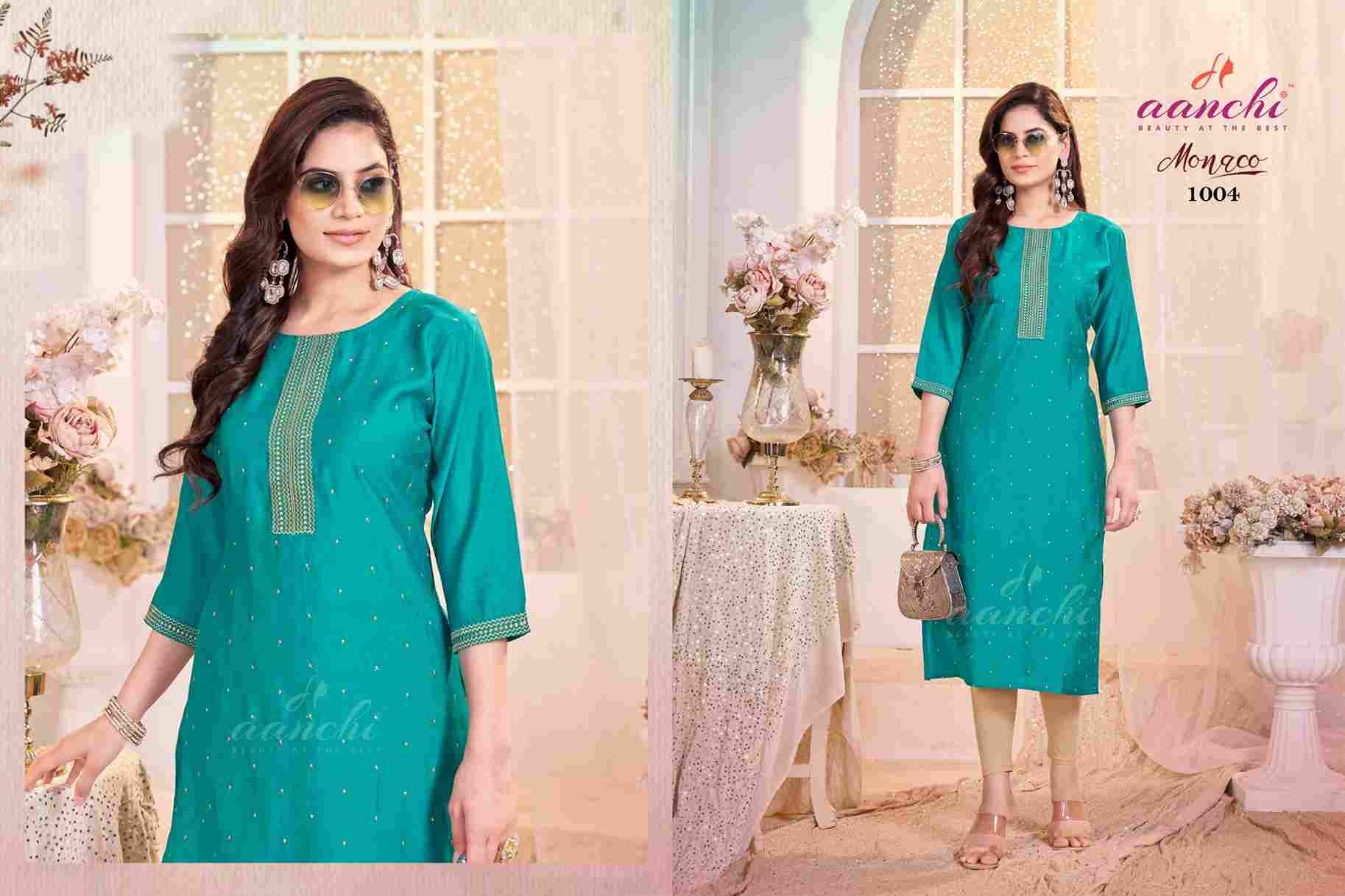 Monaco By Aanchi 1001 To 1005 Series Designer Stylish Fancy Colorful Beautiful Party Wear & Ethnic Wear Collection Roman Silk Kurtis At Wholesale Price