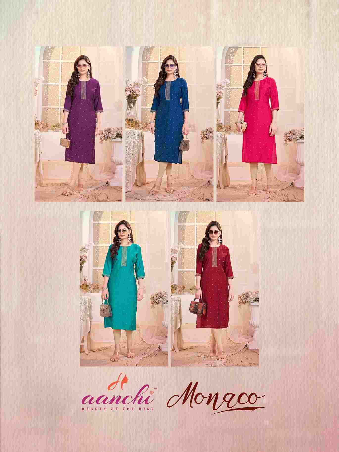 Monaco By Aanchi 1001 To 1005 Series Designer Stylish Fancy Colorful Beautiful Party Wear & Ethnic Wear Collection Roman Silk Kurtis At Wholesale Price