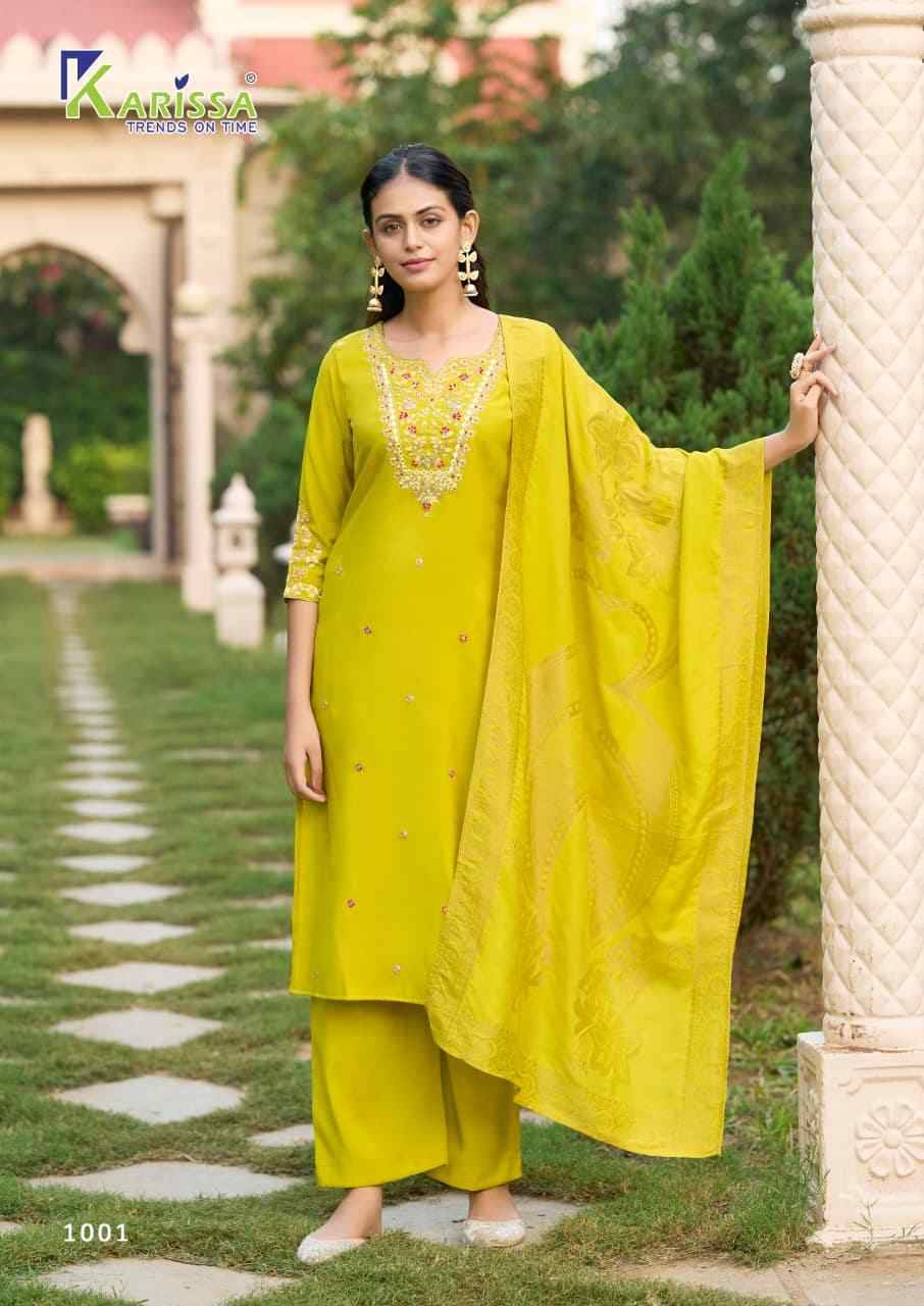 Aarohi By Karissa 1001 To 1004 Series Designer Festive Suits Collection Beautiful Stylish Fancy Colorful Party Wear & Occasional Wear Roman Shimmer Dresses At Wholesale Price