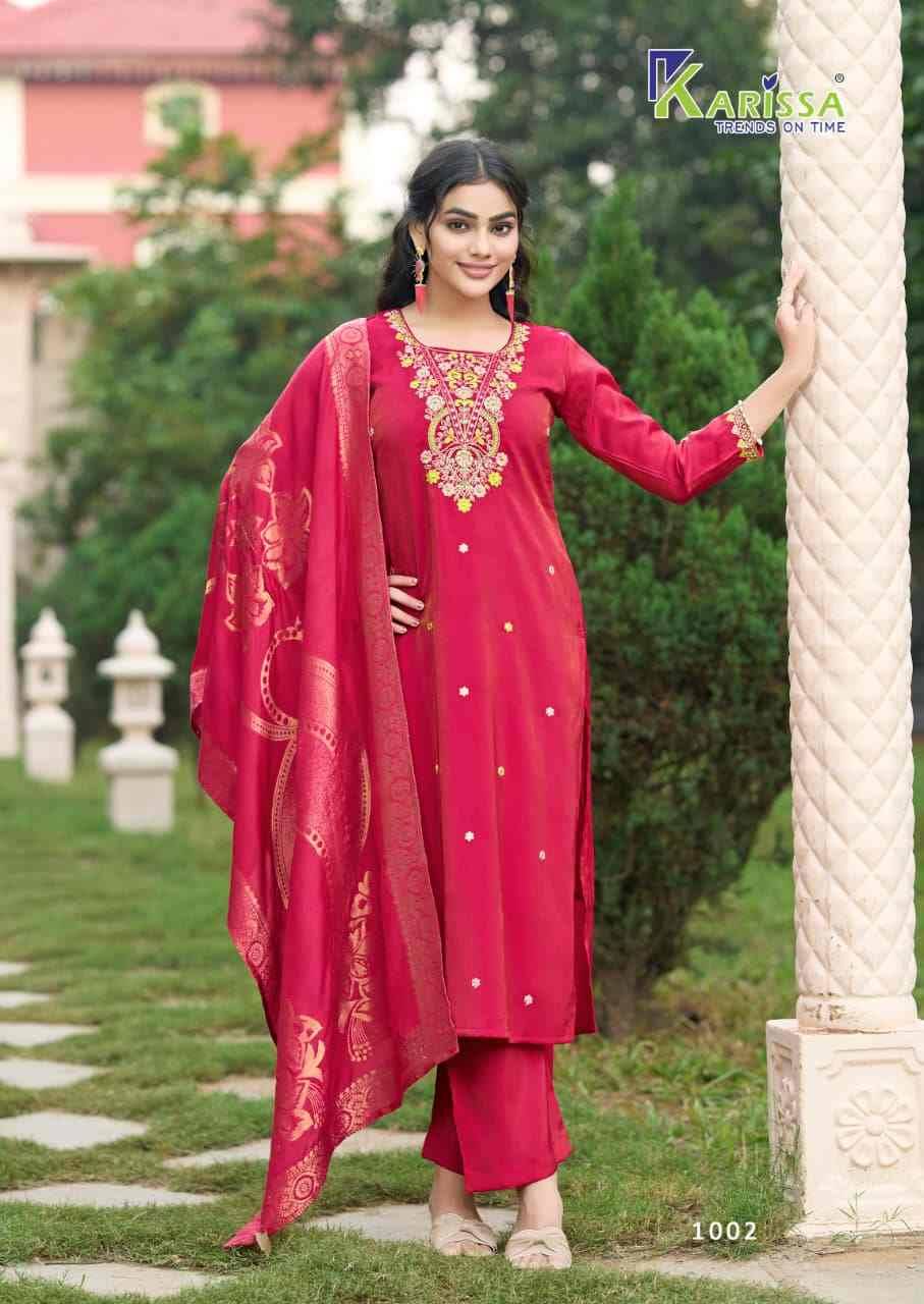 Aarohi By Karissa 1001 To 1004 Series Designer Festive Suits Collection Beautiful Stylish Fancy Colorful Party Wear & Occasional Wear Roman Shimmer Dresses At Wholesale Price