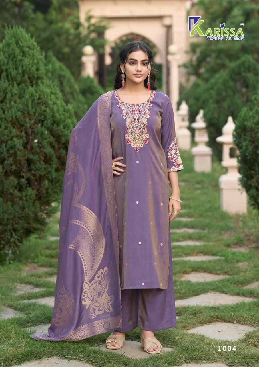 Aarohi By Karissa 1001 To 1004 Series Designer Festive Suits Collection Beautiful Stylish Fancy Colorful Party Wear & Occasional Wear Roman Shimmer Dresses At Wholesale Price