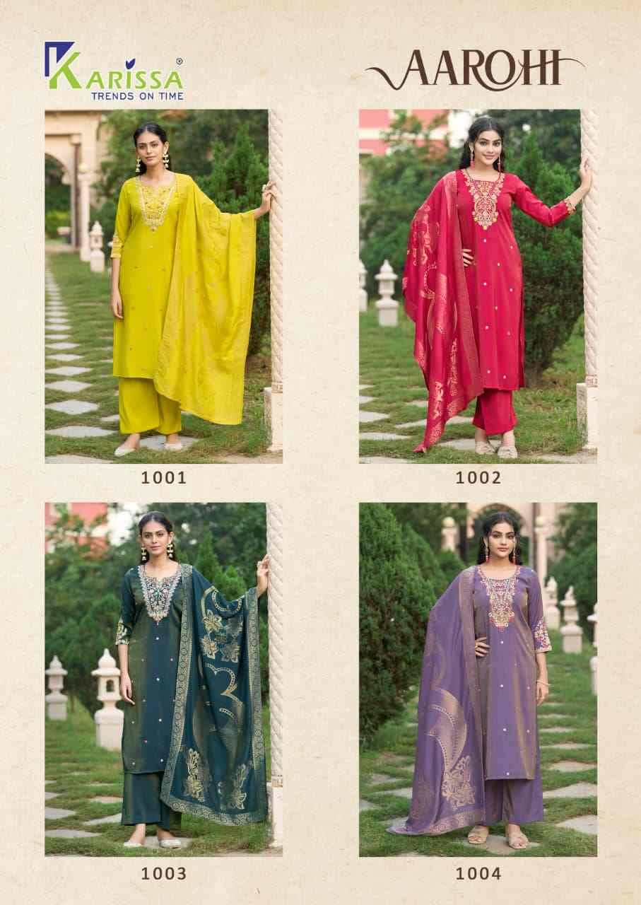 Aarohi By Karissa 1001 To 1004 Series Designer Festive Suits Collection Beautiful Stylish Fancy Colorful Party Wear & Occasional Wear Roman Shimmer Dresses At Wholesale Price