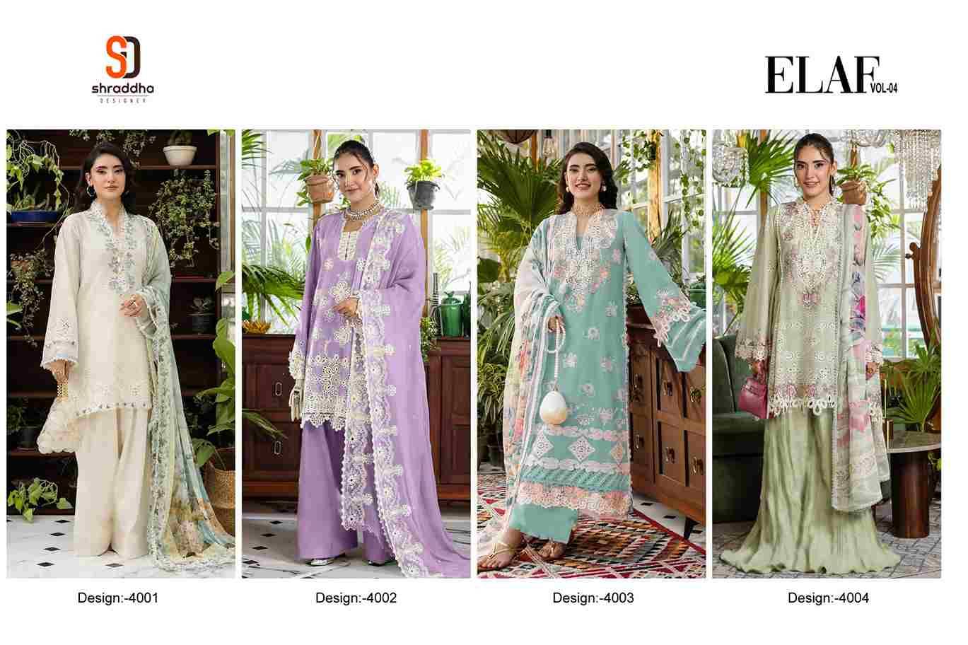 Elaf Vol-4 By Shraddha Designer 4001 To 4004 Series Designer Pakistani Suits Beautiful Stylish Fancy Colorful Party Wear & Occasional Wear Pure Cotton Print Embroidered Dresses At Wholesale Price
