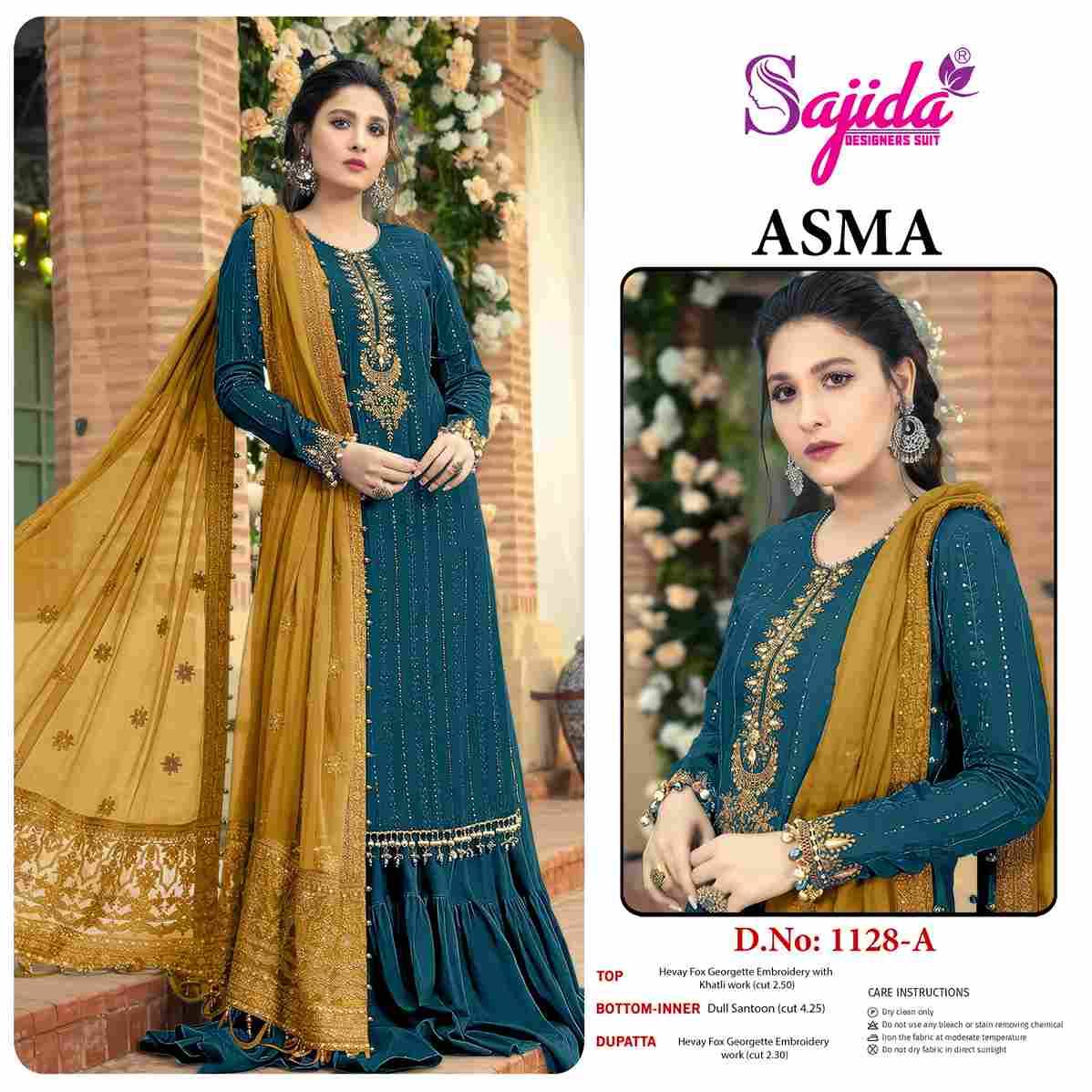 Asma 1128 Colours By Sajida Designer Suits 1128-A To 1128-E Series Beautiful Pakistani Suits Colorful Stylish Fancy Casual Wear & Ethnic Wear Faux Georgette Embroidered Dresses At Wholesale Price