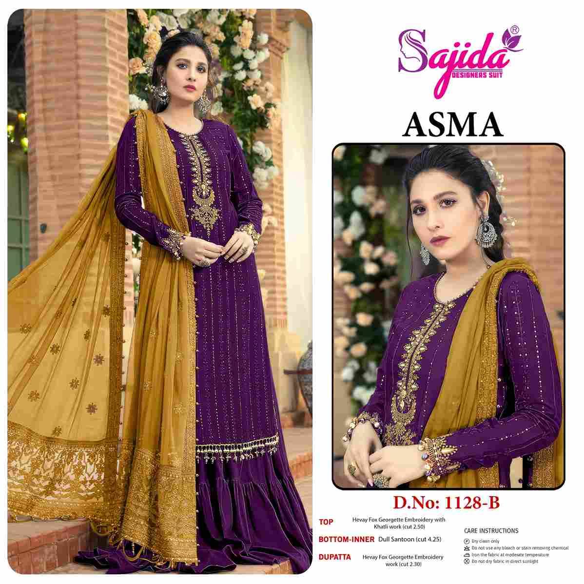 Asma 1128 Colours By Sajida Designer Suits 1128-A To 1128-E Series Beautiful Pakistani Suits Colorful Stylish Fancy Casual Wear & Ethnic Wear Faux Georgette Embroidered Dresses At Wholesale Price
