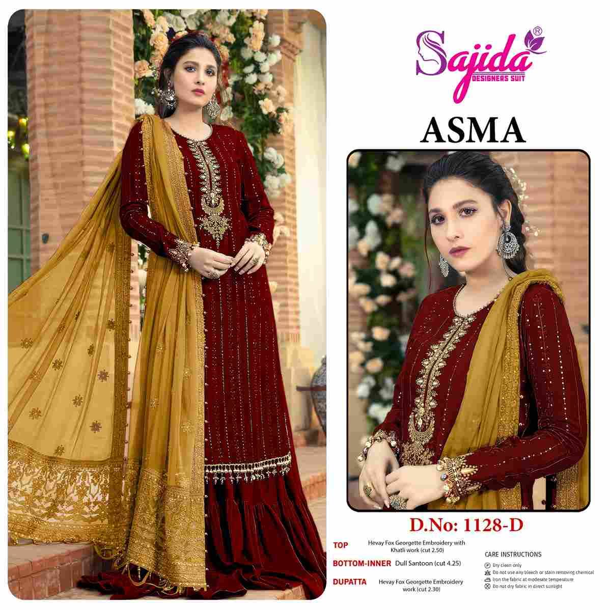 Asma 1128 Colours By Sajida Designer Suits 1128-A To 1128-E Series Beautiful Pakistani Suits Colorful Stylish Fancy Casual Wear & Ethnic Wear Faux Georgette Embroidered Dresses At Wholesale Price
