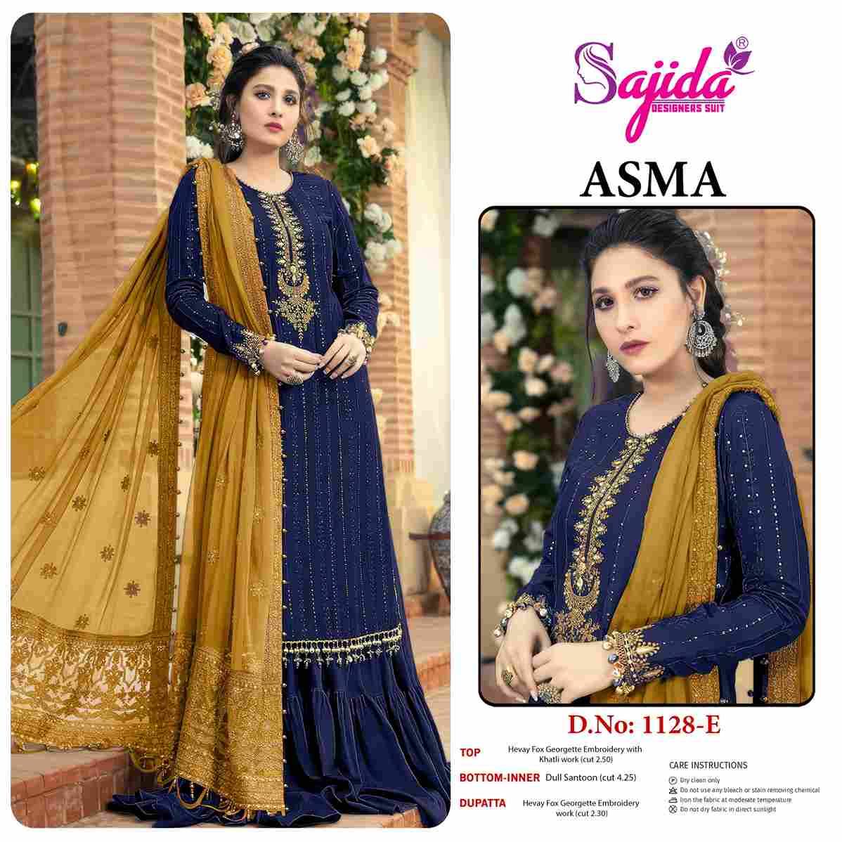 Asma 1128 Colours By Sajida Designer Suits 1128-A To 1128-E Series Beautiful Pakistani Suits Colorful Stylish Fancy Casual Wear & Ethnic Wear Faux Georgette Embroidered Dresses At Wholesale Price