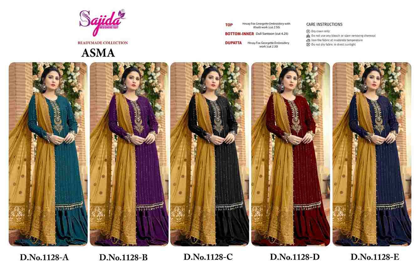 Asma 1128 Colours By Sajida Designer Suits 1128-A To 1128-E Series Beautiful Pakistani Suits Colorful Stylish Fancy Casual Wear & Ethnic Wear Faux Georgette Embroidered Dresses At Wholesale Price