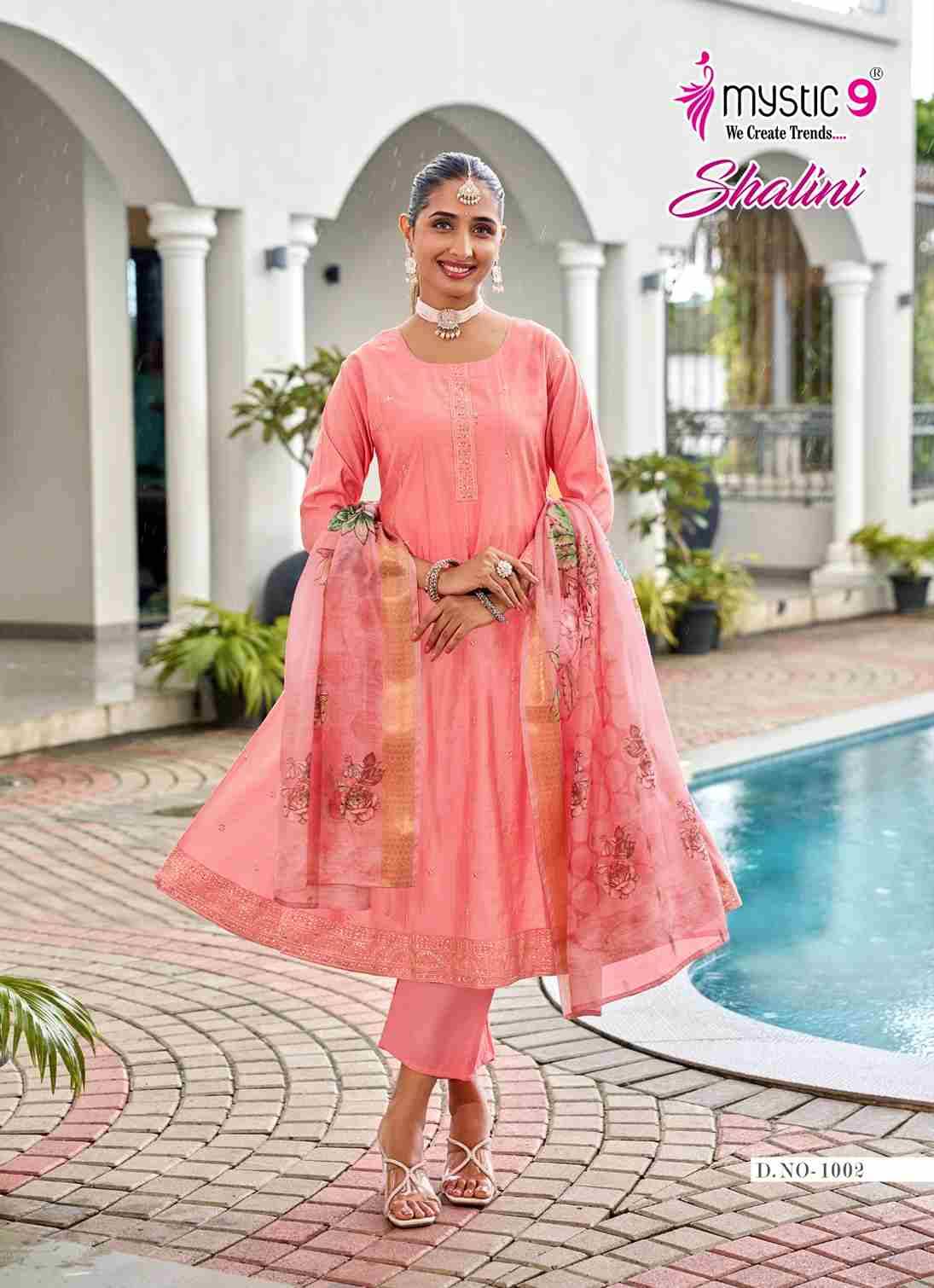 Shalini By Mystic 9 1001 To 1008 Series Beautiful Suits Colorful Stylish Fancy Casual Wear & Ethnic Wear Vertican Shimmer Print Dresses At Wholesale Price