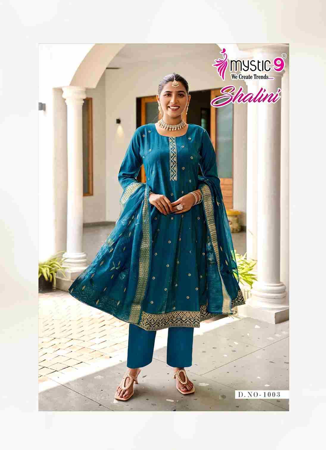 Shalini By Mystic 9 1001 To 1008 Series Beautiful Suits Colorful Stylish Fancy Casual Wear & Ethnic Wear Vertican Shimmer Print Dresses At Wholesale Price