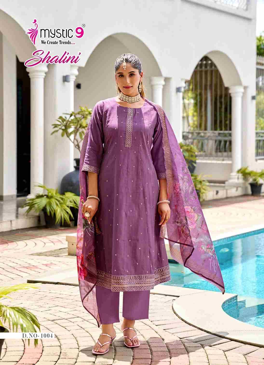 Shalini By Mystic 9 1001 To 1008 Series Beautiful Suits Colorful Stylish Fancy Casual Wear & Ethnic Wear Vertican Shimmer Print Dresses At Wholesale Price