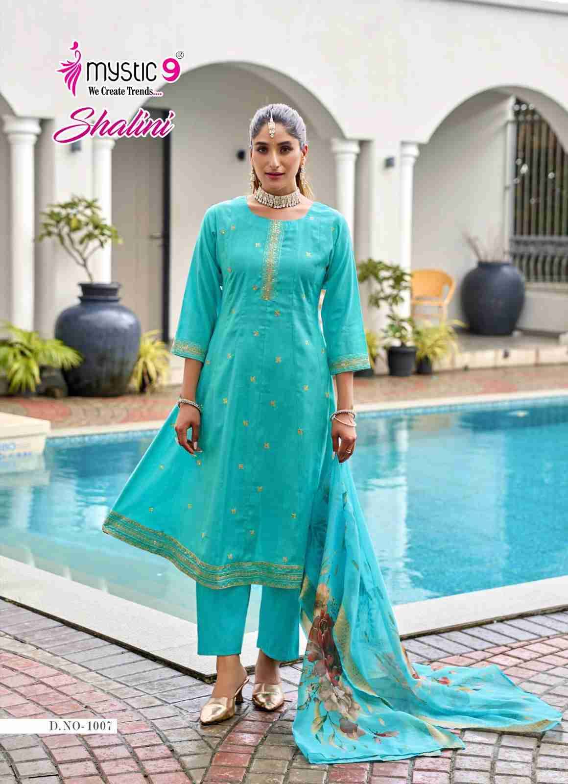 Shalini By Mystic 9 1001 To 1008 Series Beautiful Suits Colorful Stylish Fancy Casual Wear & Ethnic Wear Vertican Shimmer Print Dresses At Wholesale Price