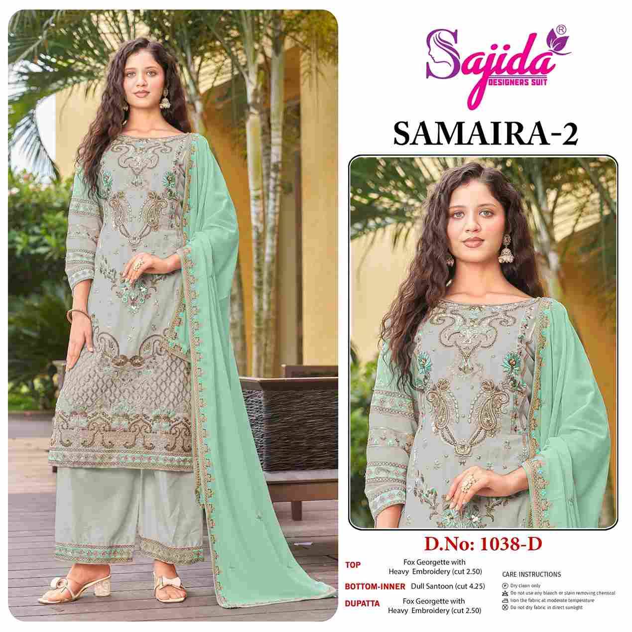 Samaira 1038 Colours By Sajida Designer Suit 1038-A To 1038-D Series Beautiful Pakistani Suits Colorful Stylish Fancy Casual Wear & Ethnic Wear Faux Georgette Embroidered Dresses At Wholesale Price
