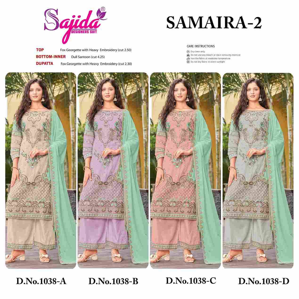 Samaira 1038 Colours By Sajida Designer Suit 1038-A To 1038-D Series Beautiful Pakistani Suits Colorful Stylish Fancy Casual Wear & Ethnic Wear Faux Georgette Embroidered Dresses At Wholesale Price