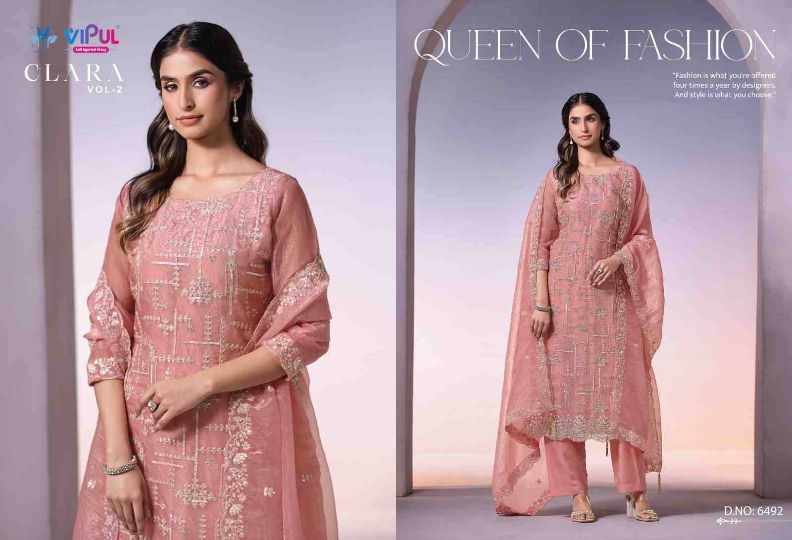 Clara Vol-2 By Vipul Fashion 6491 To 6496 Series Designer Festive Suits Beautiful Fancy Stylish Colorful Party Wear & Occasional Wear Satin Organza Dresses At Wholesale Price