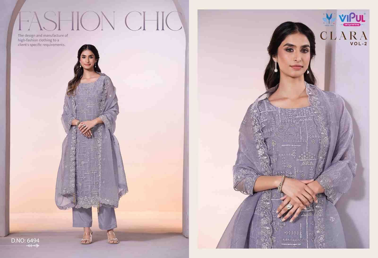 Clara Vol-2 By Vipul Fashion 6491 To 6496 Series Designer Festive Suits Beautiful Fancy Stylish Colorful Party Wear & Occasional Wear Satin Organza Dresses At Wholesale Price