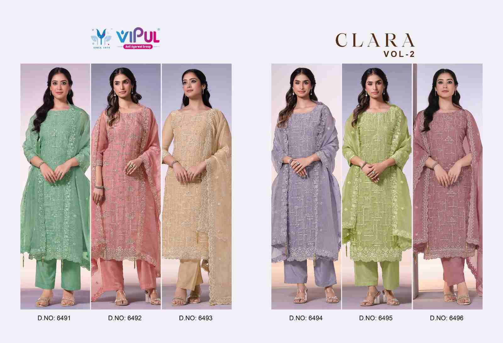 Clara Vol-2 By Vipul Fashion 6491 To 6496 Series Designer Festive Suits Beautiful Fancy Stylish Colorful Party Wear & Occasional Wear Satin Organza Dresses At Wholesale Price