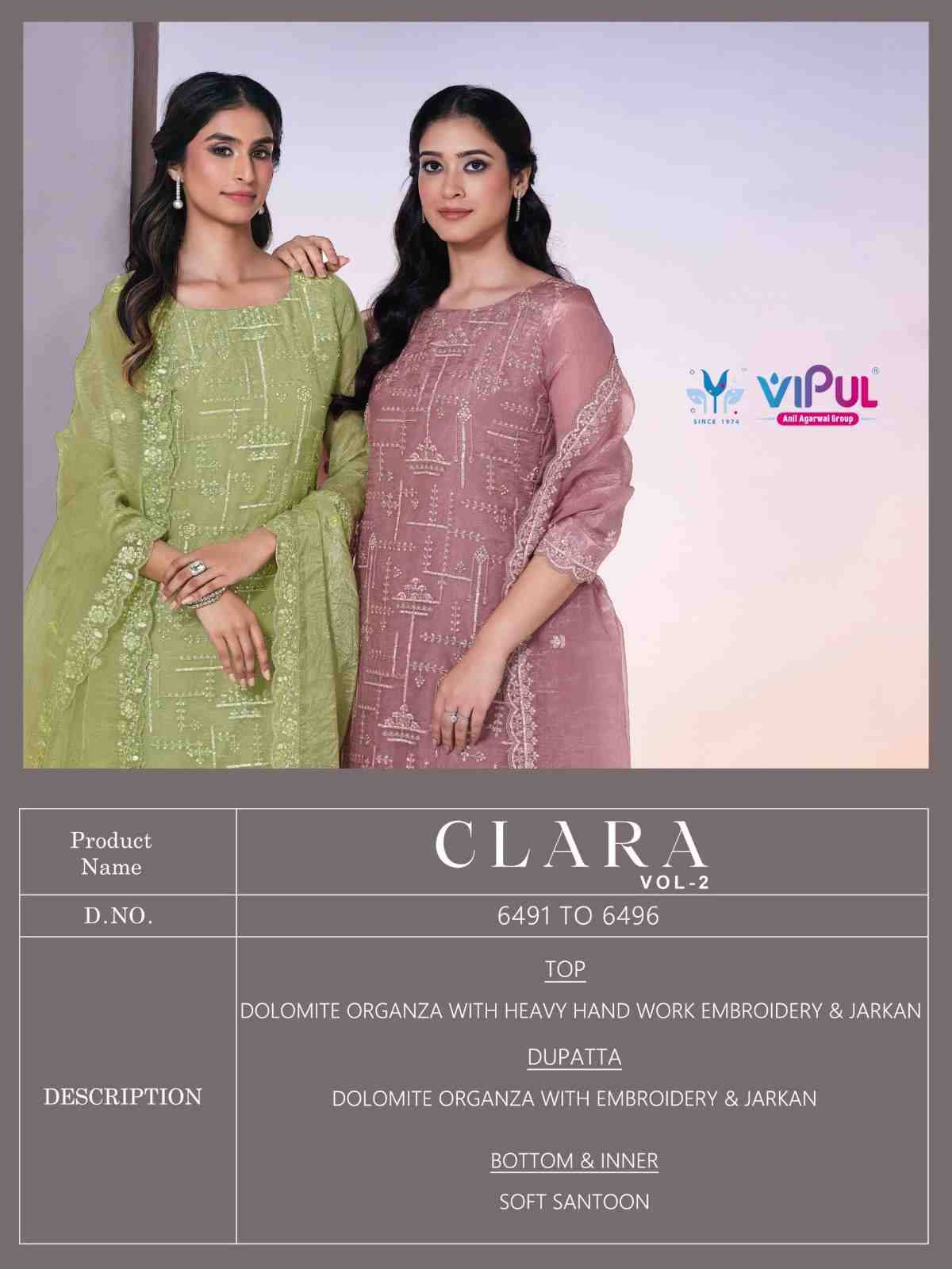 Clara Vol-2 By Vipul Fashion 6491 To 6496 Series Designer Festive Suits Beautiful Fancy Stylish Colorful Party Wear & Occasional Wear Satin Organza Dresses At Wholesale Price